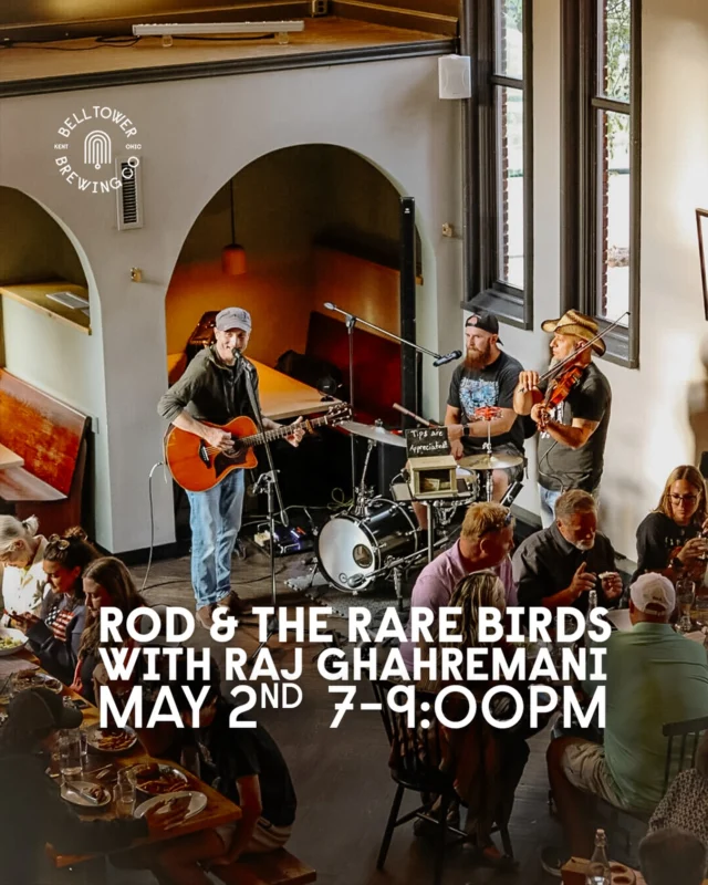 Saturday, May 2nd at 7 PM, Rod and the Rare Birds featuring Raj Ghahremani bring an energetic acoustic set with electric influence to Bell Tower. Expect a wide-ranging mix of music inspired by artists from CCR to Dave Matthews Band, with strong roots in the 90s alternative scene.

A full night of live music with a diverse sound, familiar favorites, and a great atmosphere to settle into. Come out, grab a drink, and spend the night with live music at Bell Tower!

#LiveMusic #BellTowerBrewingCo #KentOhio #90sAlternative #AcousticVibes